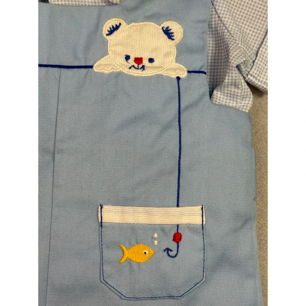 Vintage Baby Boy Blue Gingham Shirt and Fishing Bear Embroidered Romper Set 12M